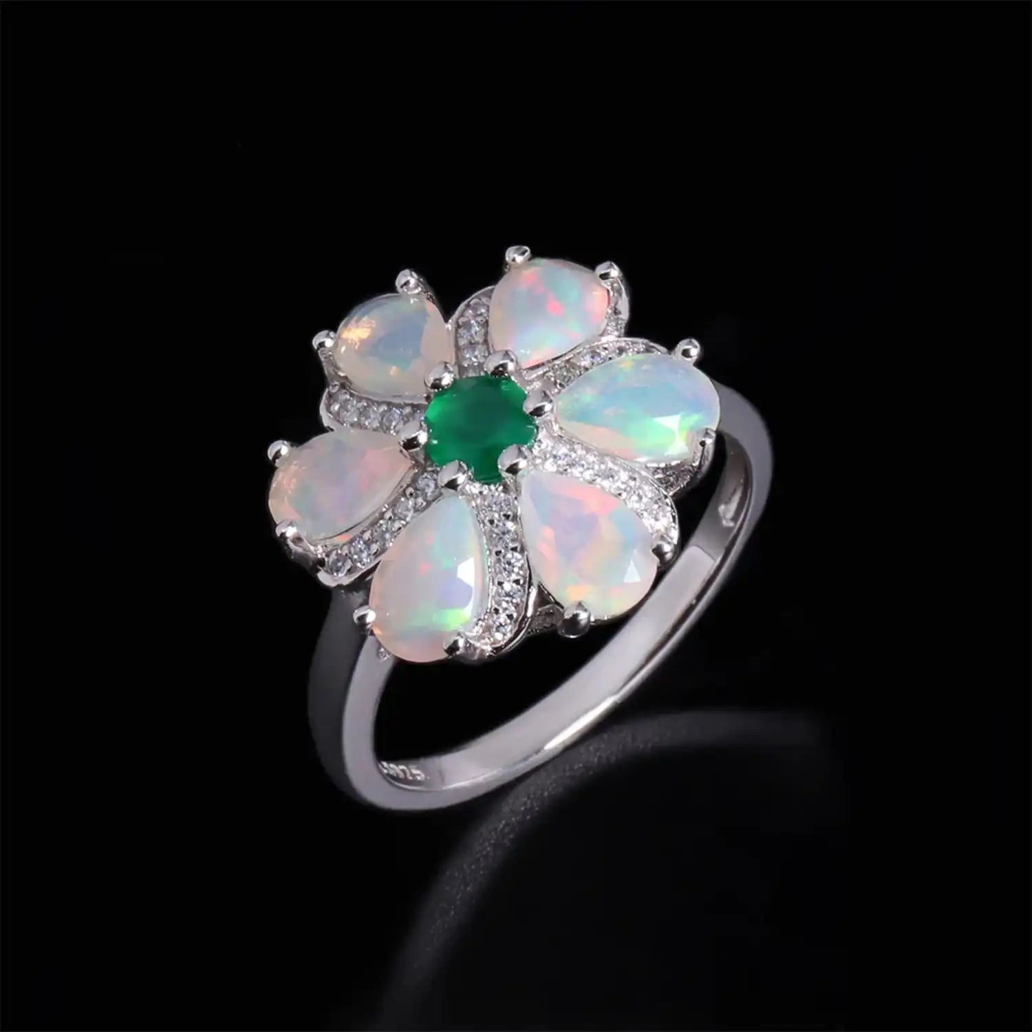 Flower Shape Silver Opal Ring